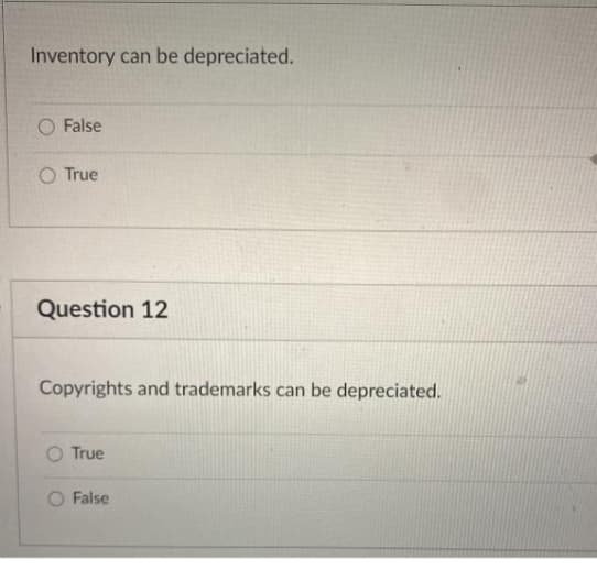 Inventory can be depreciated.
O False
O True
Question 12
Copyrights and trademarks can be depreciated.
O True
False
