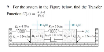 9 For the system in the Figure below, find the Transfer
Function G(s) =
X1(s)
F()
K=4 N/m
K2= 5 N/m
fy. 3 N-s/m M =I kgv2 N-S/m
Fey= 3
M2 = 2 kg fv 2N-s/m
