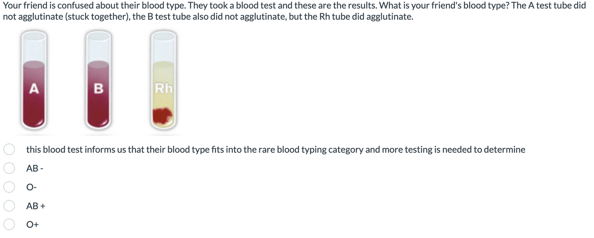 Your friend is confused about their blood type. They took a blood test and these are the results. What is your friend's blood type? The A test tube did
not agglutinate (stuck together), the B test tube also did not agglutinate, but the Rh tube did agglutinate.
A
B
AB +
O+
Rh
this blood test informs us that their blood type fits into the rare blood typing category and more testing is needed to determine
AB-
O-