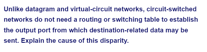 Unlike datagram and virtual-circuit networks, circuit-switched
networks do not need a routing or switching table to establish
the output port from which destination-related data may be
sent. Explain the cause of this disparity.