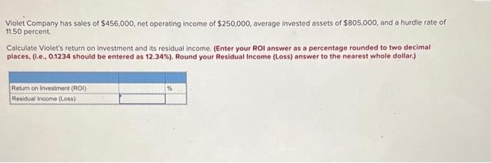 Violet Company has sales of $456,000, net operating income of $250,000, average invested assets of $805,000, and a hurdle rate of
11.50 percent.
Calculate Violet's return on investment and its residual income. (Enter your ROI answer as a percentage rounded to two decimal
places, (i.e., 0.1234 should be entered as 12.34%). Round your Residual Income (Loss) answer to the nearest whole dollar.)
Return on Investment (ROI)
Residual Income (Loss)