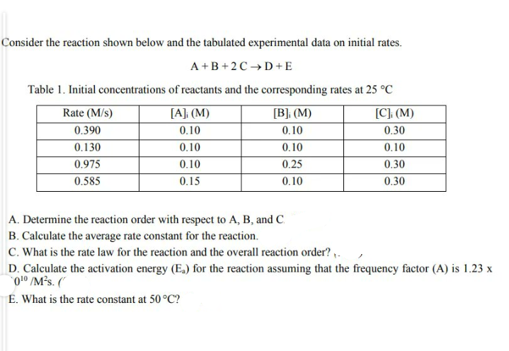 Consider the reaction shown below and the tabulated experimental data on initial rates.
A +B +2 C→D+ E
Table 1. Initial concentrations of reactants and the corresponding rates at 25 °C
Rate (M/s)
[A]; (M)
[B]; (M)
[C]; (M)
0.390
0.10
0.10
0.30
0.130
0.10
0.10
0.10
0.975
0.10
0.25
0.30
0.585
0.15
0.10
0.30
A. Determine the reaction order with respect to A, B, and C.
B. Calculate the average rate constant for the reaction.
C. What is the rate law for the reaction and the overall reaction order? .
D. Calculate the activation energy (E.) for the reaction assuming that the frequency factor (A) is 1.23 x
010 /M²s. (
E. What is the rate constant at 50 °C?
