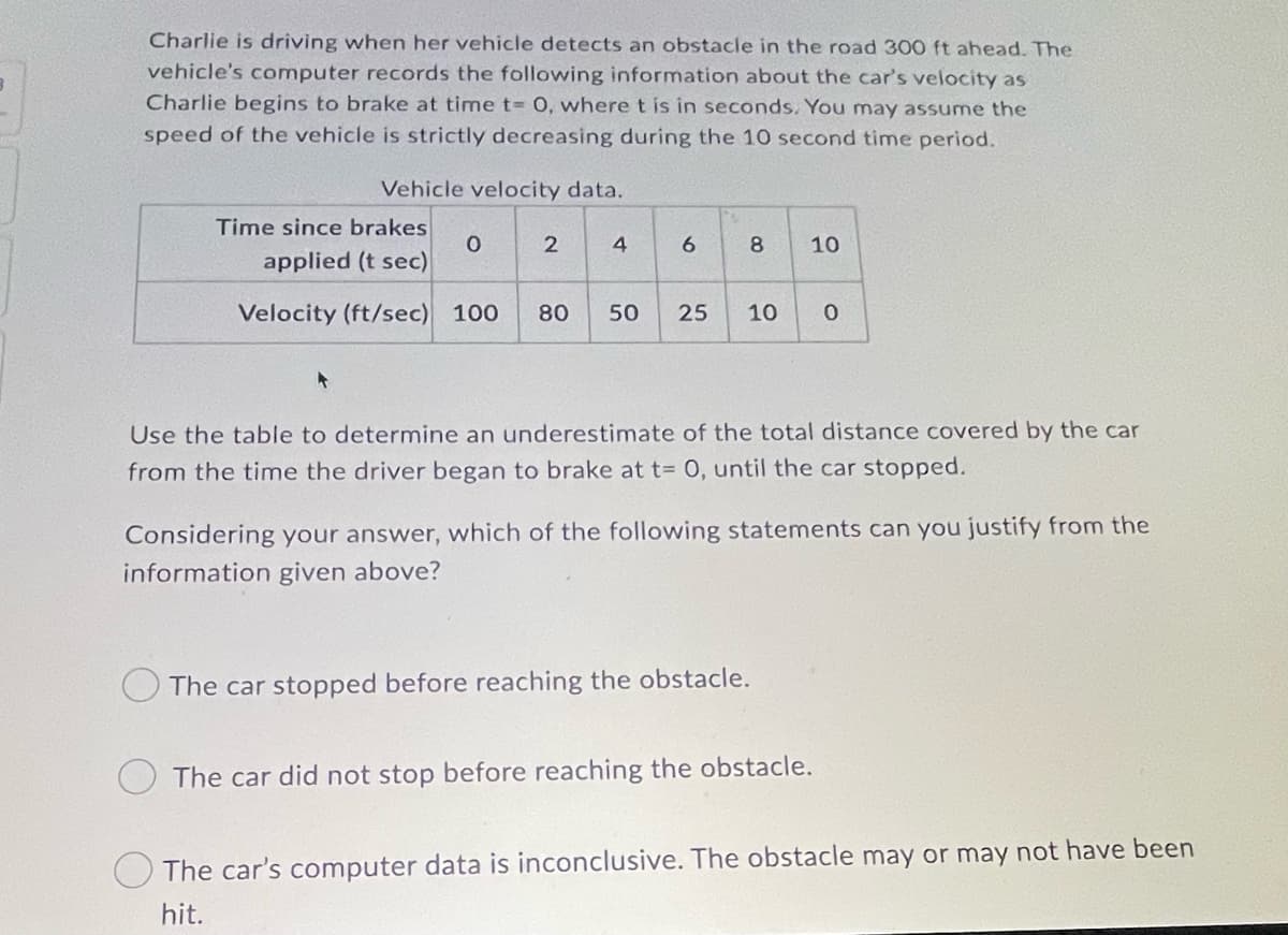 Charlie is driving when her vehicle detects an obstacle in the road 300 ft ahead. The
vehicle's computer records the following information about the car's velocity as
Charlie begins to brake at time t= 0, where t is in seconds. You may assume the
speed of the vehicle is strictly decreasing during the 10 second time period.
Vehicle velocity data.
Time since brakes
4
6.
8
10
applied (t sec)
Velocity (ft/sec)
100
80
50
25
10
Use the table to determine an underestimate of the total distance covered by the car
from the time the driver began to brake at t= 0, until the car stopped.
Considering your answer, which of the following statements can you justify from the
information given above?
The car stopped before reaching the obstacle.
The car did not stop before reaching the obstacle.
The car's computer data is inconclusive. The obstacle may or may not have been
hit.
