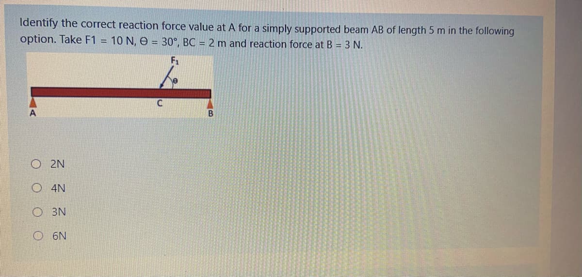 Identify the correct reaction force value at A for a simply supported beam AB of length 5 m in the following
option. Take F1 = 10 N, O = 30°, BC = 2 m and reaction force at B = 3 N.
F1
C.
B
2N
4N
O BN
O 6N
O O O O
