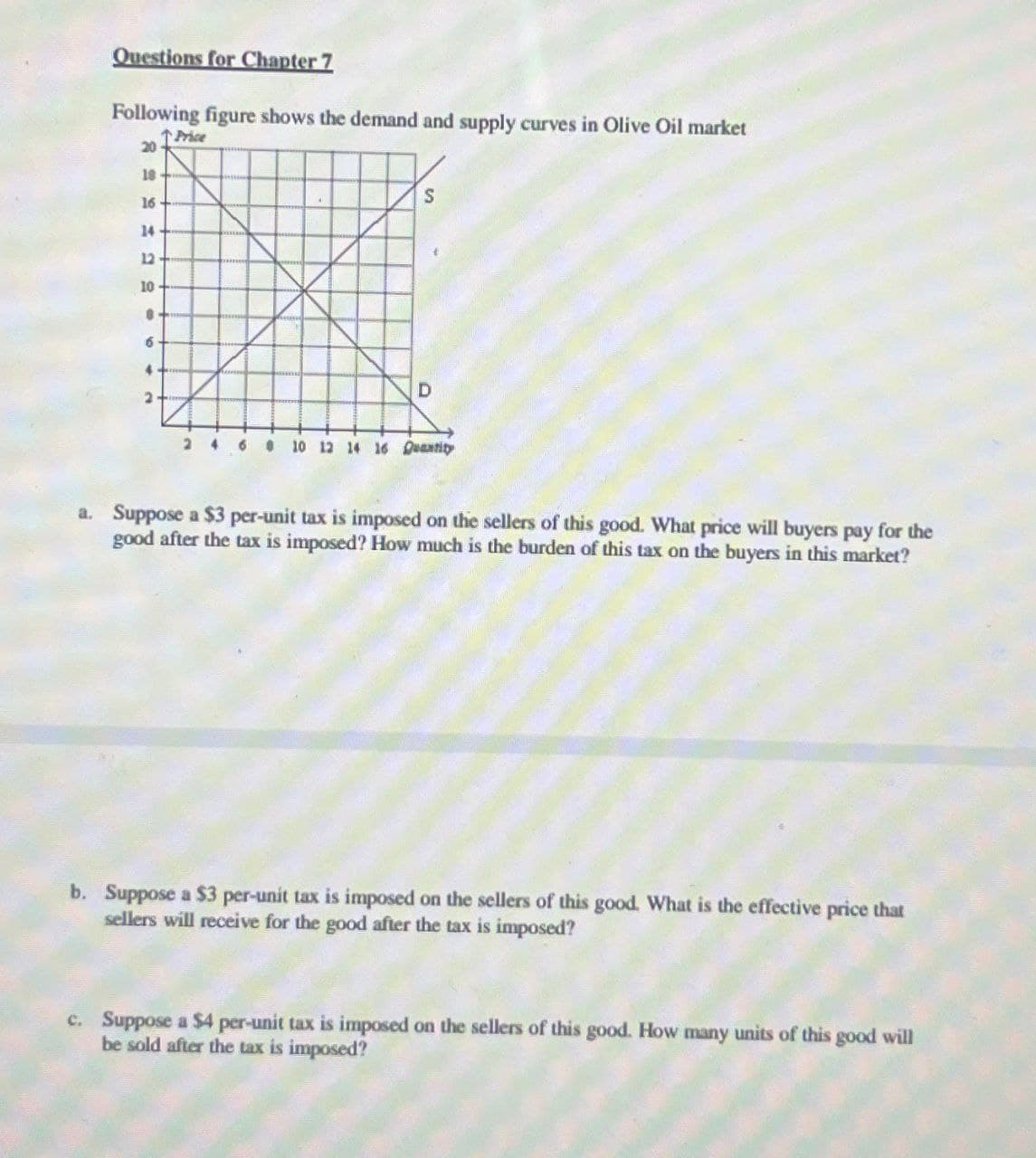 Questions for Chapter 7
Following figure shows the demand and supply curves in Olive Oil market
↑ Price
20
18
16
14
12
10
B
6
4
2
S
D
2 4 6
10 12 14 16 Quantity
a. Suppose a $3 per-unit tax is imposed on the sellers of this good. What price will buyers pay for the
good after the tax is imposed? How much is the burden of this tax on the buyers in this market?
b. Suppose a $3 per-unit tax is imposed on the sellers of this good. What is the effective price that
sellers will receive for the good after the tax is imposed?
c. Suppose a $4 per-unit tax is imposed on the sellers of this good. How many units of this good will
be sold after the tax is imposed?