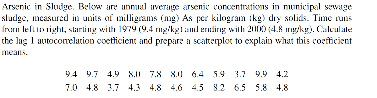 Arsenic in Sludge. Below are annual average arsenic concentrations in municipal sewage
sludge, measured in units of milligrams (mg) As per kilogram (kg) dry solids. Time runs
from left to right, starting with 1979 (9.4 mg/kg) and ending with 2000 (4.8 mg/kg). Calculate
the lag 1 autocorrelation coefficient and prepare a scatterplot to explain what this coefficient
means.
9.4
9.7 4.9 8.0 7.8 8.0 6.4 5.9 3.7 9.9 4.2
7.0 4.8 3.7 4.3 4.8 4.6 4.5 8.2 6.5 5.8 4.8