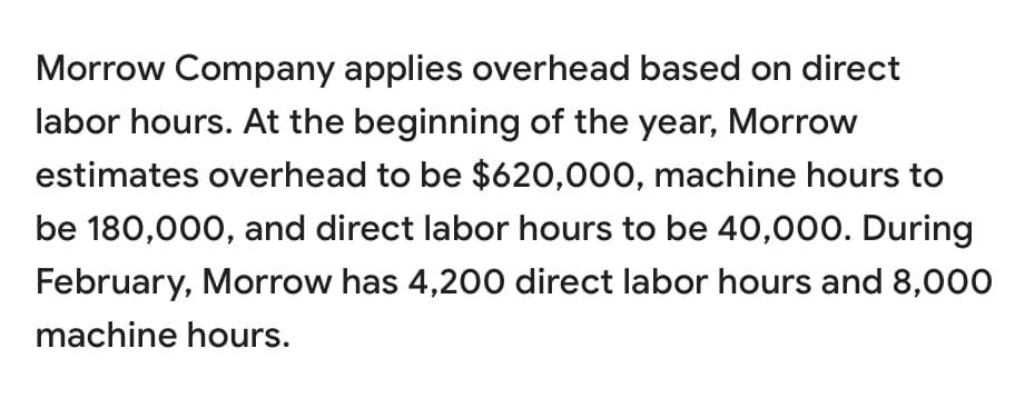 Morrow Company applies overhead based on direct
labor hours. At the beginning of the year, Morrow
estimates overhead to be $620,000, machine hours to
be 180,000, and direct labor hours to be 40,000. During
February, Morrow has 4,200 direct labor hours and 8,000
machine hours.
