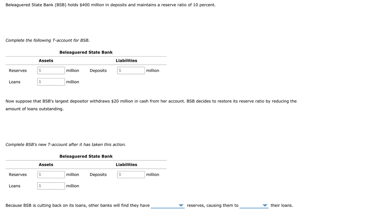 Beleaguered State Bank (BSB) holds $400 million in deposits and maintains a reserve ratio of 10 percent.
Complete the following T-account for BSB.
Beleaguered State Bank
Assets
Liabilities
Reserves
24
million
Deposits
2$
million
Loans
$
million
Now suppose that BSB's largest depositor withdraws $20 million in cash from her account. BSB decides to restore its reserve ratio by reducing the
amount of loans outstanding.
Complete BSB's new T-account after it has taken this action.
Beleaguered State Bank
Assets
Liabilities
Reserves
2$
million
Deposits
24
million
Loans
2$
million
Because BSB is cutting back on its loans, other banks will find they have
reserves, causing them to
their loans.
