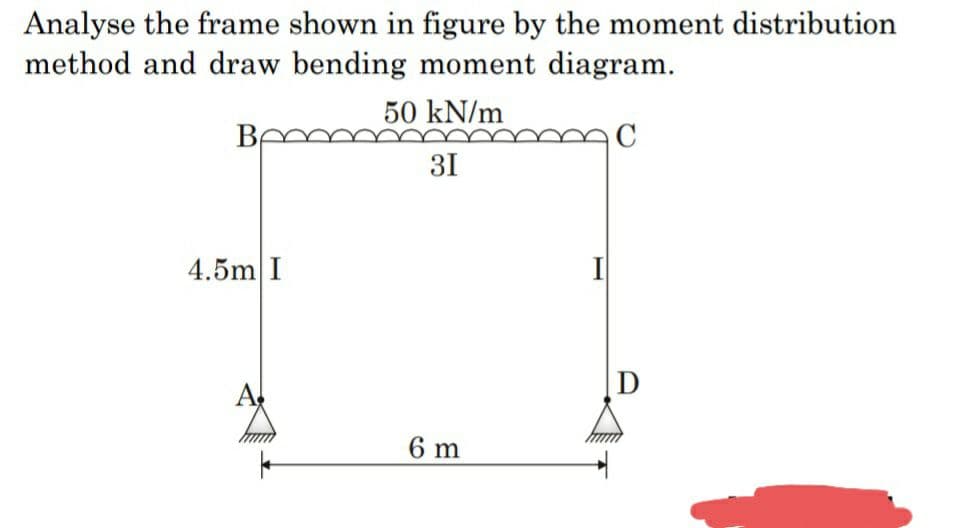 Analyse the frame shown in figure by the moment distribution
method and draw bending moment diagram.
50 kN/m
31
4.5m I
6 m
D