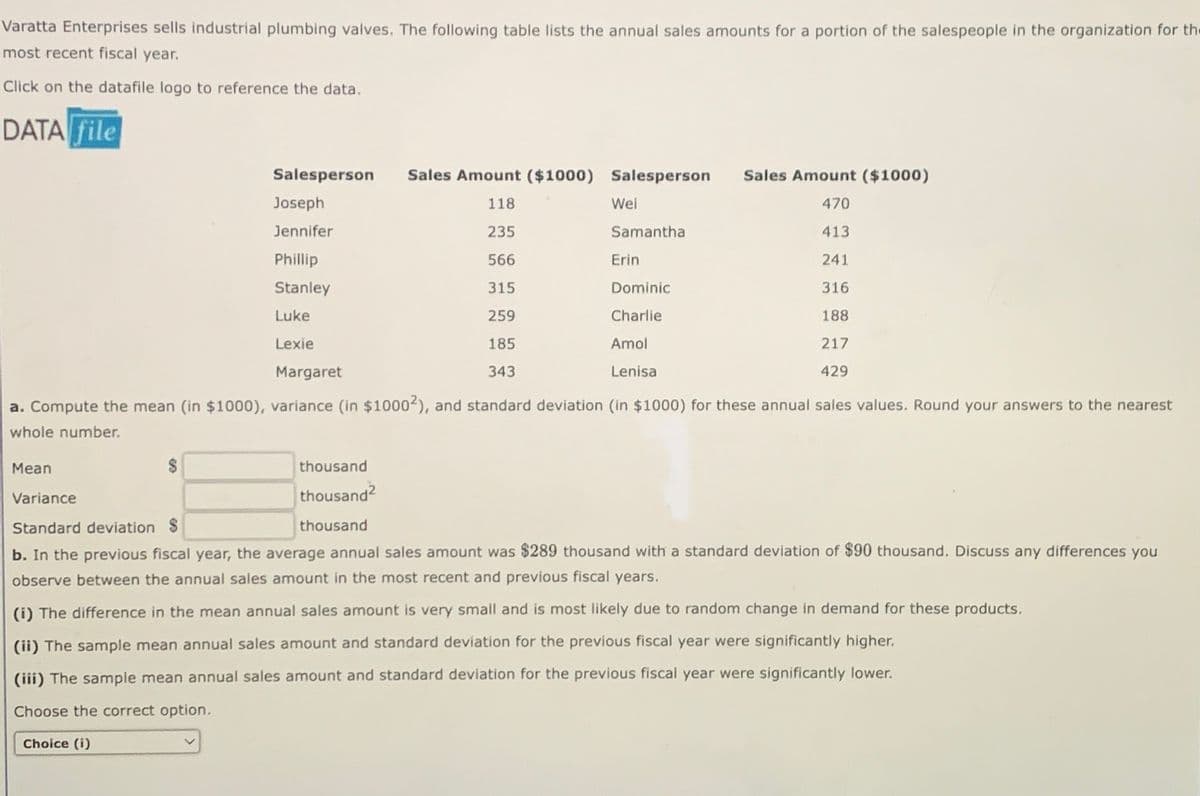 Varatta Enterprises sells industrial plumbing valves. The following table lists the annual sales amounts for a portion of the salespeople in the organization for the
most recent fiscal year.
Click on the datafile logo to reference the data.
DATA file
Sales Amount ($1000) Salesperson Sales Amount ($1000)
118
470
235
413
Phillip
566
241
Stanley
315
316
Luke
259
188
185
217
Lexie
Margaret
343
429
a. Compute the mean (in $1000), variance (in $10002), and standard deviation (in $1000) for these annual sales values. Round your answers to the nearest
whole number.
Mean
$
Salesperson
Joseph
Jennifer
thousand
thousand²
thousand
Wel
Samantha
Erin
Dominic
Charlie
Amol
Lenisa
Variance
Standard deviation S
b. In the previous fiscal year, the average annual sales amount was $289 thousand with a standard deviation of $90 thousand. Discuss any differences you
observe between the annual sales amount in the most recent and previous fiscal years.
(i) The difference in the mean annual sales amount is very small and is most likely due to random change in demand for these products.
(ii) The sample mean annual sales amount and standard deviation for the previous fiscal year were significantly higher.
(iii) The sample mean annual sales amount and standard deviation for the previous fiscal year were significantly lower.
Choose the correct option.
Choice (i)