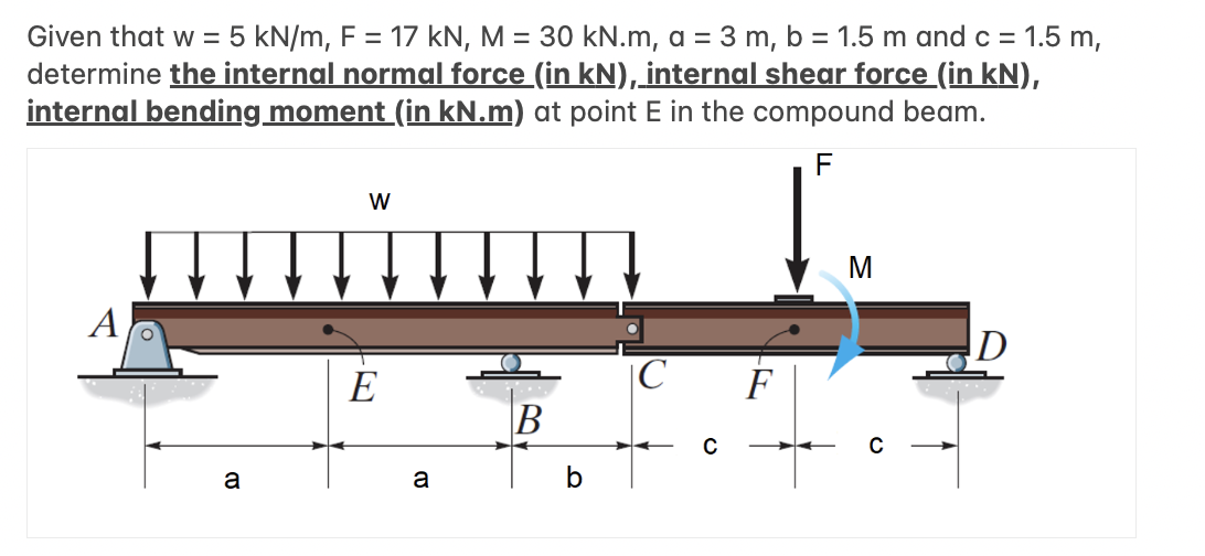 Given that w = 5 kN/m, F = 17 kN, M = 30 kN.m, a = 3 m, b = 1.5 m and c = 1.5 m,
determine the internal normal force (in kN), internal shear force (in kN),
internal bending moment (in kN.m) at point E in the compound beam.
F
A
a
W
E
a
B
b
C
с
F
M
D