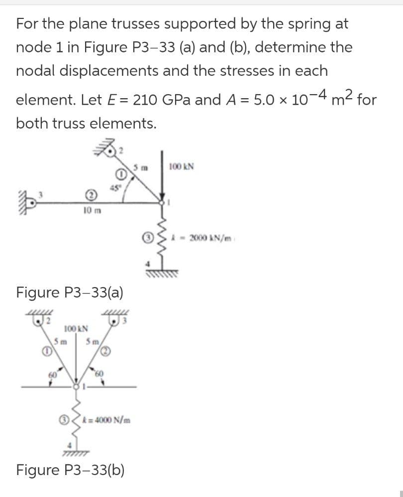 For the plane trusses supported by the spring at
node 1 in Figure P3-33 (a) and (b), determine the
nodal displacements and the stresses in each
element. Let E = 210 GPa and A = 5.0 x 10-4 m2 for
both truss elements.
5 m
100 kN
10 m
A- 2000 AN/m
Figure P3-33(a)
100 kN
5m
5m
60
60
k= 4000 N/m
Figure P3-33(b)
