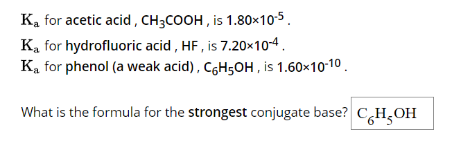 Ka for acetic acid, CH3COOH, is 1.80×10-5.
Ka for hydrofluoric acid, HF, is 7.20×10-4.
Ką for phenol (a weak acid), C6H5OH, is 1.60×10-10.
What is the formula for the strongest conjugate base? CH₂OH