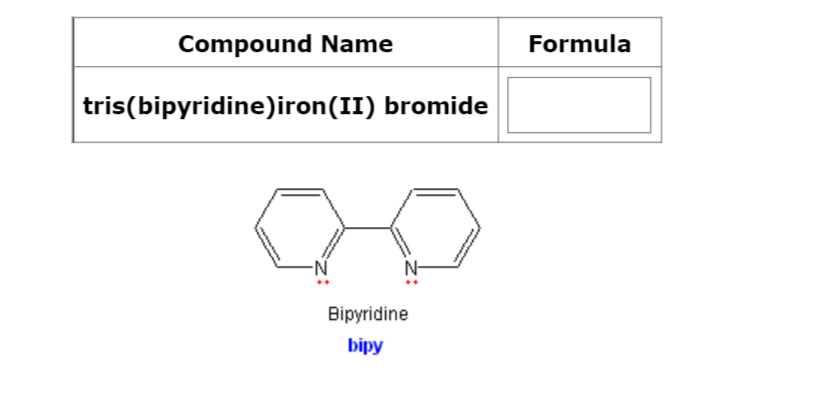 Compound Name
tris(bipyridine)iron(II) bromide
Bipyridine
bipy
Formula