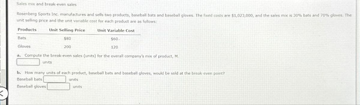 Sales mix and break-even sales
Rosenberg Sports Inc. manufactures and sells two products, baseball bats and baseball gloves. The fixed costs are $1,023,000, and the sales mix is 30% bats and 70% gloves. The
unit selling price and the unit variable cost for each product are as follows:
Products
Bats
Gloves
Unit Selling Price
$80
200
Unit Variable Cost
$60.
120
a. Compute the break-even sales (units) for the overall company's mix of product, M.
units
b. How many units of each product, baseball bats and baseball gloves, would be sold at the break-even point?
Baseball bats
Baseball gloves
units
units