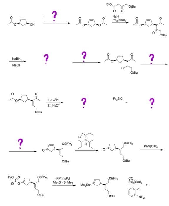 EtO
OtBu
?
NaH
Pdz(dba),
HO.
OtBu
NABH,
MeOH
Br
OIBU
'Pr,SICI
?
?
1.) LAH
2.) H,O
OtBu
?
OSiPra
OSiPr3
H
PhN(OTf)2
OtBu
OtBu
OSiPr,
(PPh),Pd
Me,Sn-SnMeg
OSiPra
CO
Pd(dba)s
Me,Sn
OtBu
OtBu
NR2
