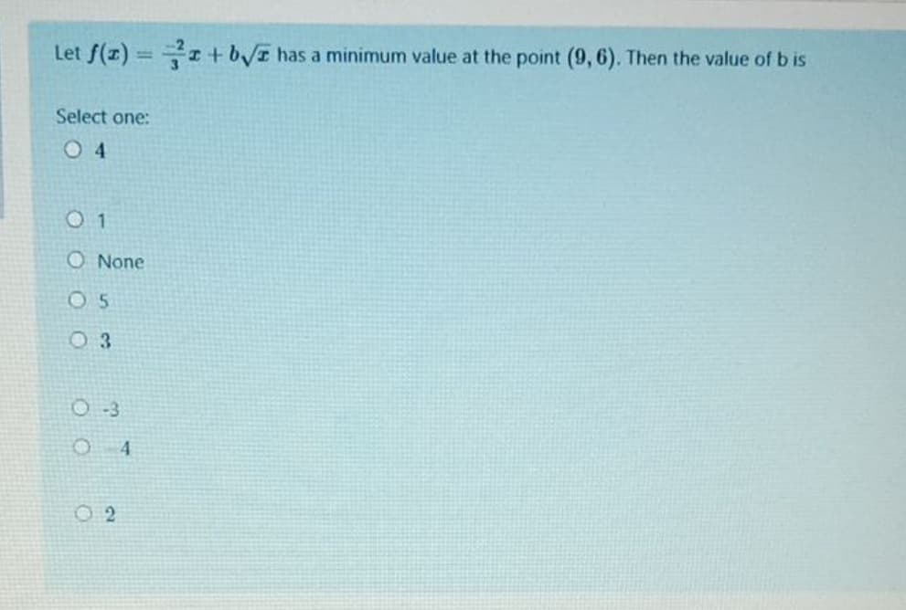 Let f(z) I+ bI has a minimum value at the point (9, 6). Then the value of b is
Select one:
0 4
0 1
O None
O 5
O 3
O-3
02
