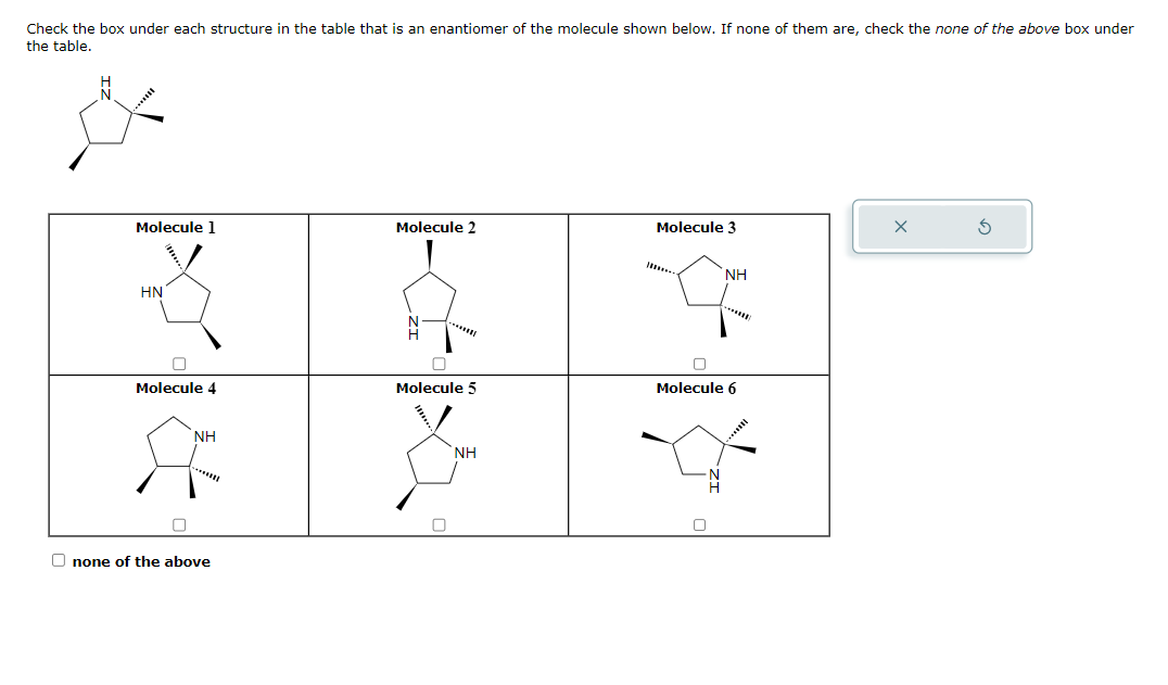 Check the box under each structure in the table that is an enantiomer of the molecule shown below. If none of them are, check the none of the above box under
the table.
Molecule 1
HN
□
Molecule 4
NH
none of the above
Kak
Molecule 2
Molecule 5
NH
Molecule 3
ΝΗ
Molecule 6
X
3