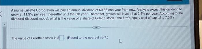 Assume Gillette Corporation will pay an annual dividend of $0.66 one year from now. Analysts expect this dividend to
grow at 11.9% per year thereafter until the 6th year. Thereafter, growth will level off at 2.4% per year. According to the
dividend-discount model, what is the value of a share of Gillette stock if the firm's equity cost of capital is 7.5% ?
The value of Gillette's stock is $
(Round to the nearest cent.)