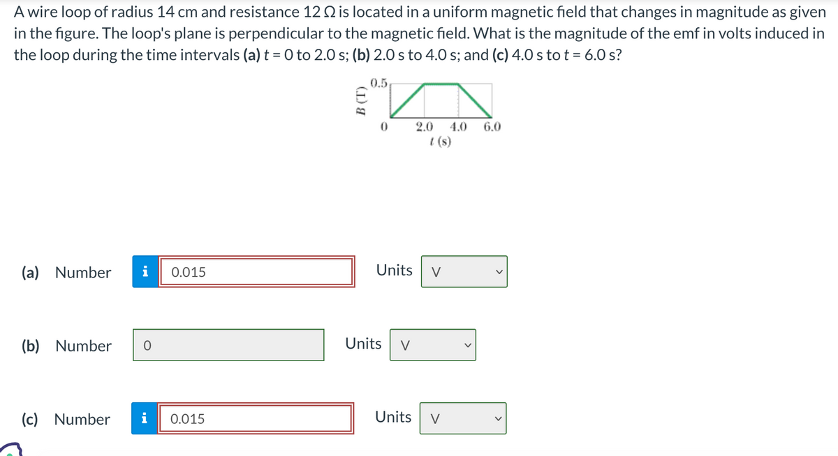 A wire loop of radius 14 cm and resistance 12 is located in a uniform magnetic field that changes in magnitude as given
in the figure. The loop's plane is perpendicular to the magnetic field. What is the magnitude of the emf in volts induced in
the loop during the time intervals (a) t = 0 to 2.0 s; (b) 2.0 s to 4.0 s; and (c) 4.0 s to t = 6.0 s?
(a) Number i 0.015
(b) Number
0
(c) Number i 0.015
B (T)
0.5
0
Units
Units V
Units
2.0 4.0 6.0
t(s)
V
V