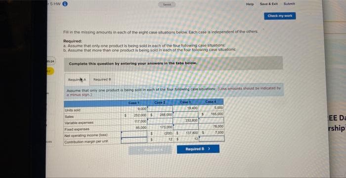 5 HW
5:24
Fill in the missing amounts in each of the eight case situations below. Each case is independent of the others
Required:
a. Assume that only one product is being sold in each of the four following case situations:
b. Assume that more than one product is being sold in each of the four following case situations:
Complete this question by entering your answers in the tabs below.
Units sold
Sales
Variable expenses
Fixed expenses
Net operating income (oss)
Contribution margin per unit
$
Case 1
Seved
Requird A Required
Assume that only one product is being sold in each of the four following case situations: (Loss amounts should be indicated by
a minus sign.)
9.000
252,000 $
117.000
85,000
5
$
Case 2
288.000
173.000
PATA
(200) S
12 $
Case 3
19.400
232,800
S
Case
137,800 $
12
Required B >
Help
5,000
165.000
78,000
7,000
Save & Exit
Submit
Check my work
EE Da
rship