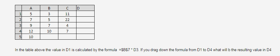 SAWNH
A
5
7
9
12
10
B
3
5
7
10
с
11
22
4
7
ID
In the table above the value in D1 is calculated by the formula =$B$7 * D3. If you drag down the formula from D1 to D4 what will b the resulting value in D4