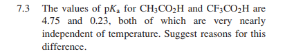 7.3 The values of pK, for CH3CO2H and CF;CO2H are
4.75 and 0.23, both of which are very nearly
independent of temperature. Suggest reasons for this
difference.
