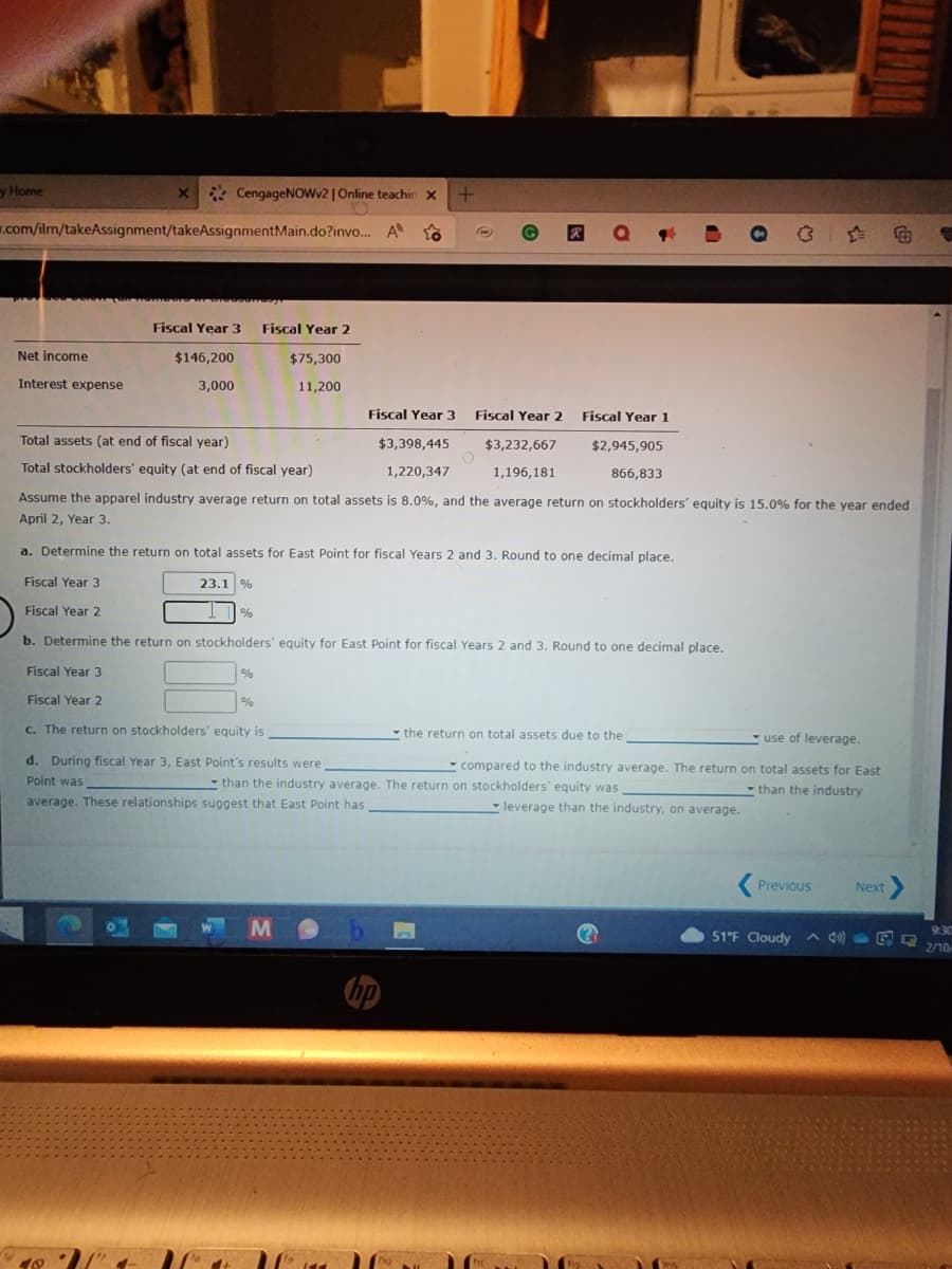 y Home
Net income
w.com/ilm/takeAssignment/takeAssignmentMain.do?invo... A
Interest expense
X
CengageNOWv2 | Online teachin x +
O
10
Fiscal Year 3 Fiscal Year 2
$146,200
$75,300
3,000
11,200
Total assets (at end of fiscal year)
Total stockholders' equity (at end of fiscal year)
Fiscal Year 3
$3,398,445
1,220,347
Assume the apparel industry average return on total assets is 8.0%, and the average return on stockholders' equity is 15.0% for the year ended
April 2, Year 3.
a. Determine the return on total assets for East Point for fiscal Years 2 and 3. Round to one decimal place.
Fiscal Year 3
Fiscal Year 2
b. Determine the return on stockholders' equity for East Point for fiscal Years 2 and 3. Round to one decimal place.
Fiscal Year 3
Fiscal Year 2
c. The return on stockholders' equity is
use of leverage.
d. During fiscal Year 3, East Point's results were
compared to the industry average. The return on total assets for East
Point was
than the industry average. The return on stockholders' equity was
than the industry
average. These relationships suggest that East Point has
leverage than the industry, on average.
23.1 %
%
%
%
M
b
hp
O
R
Fiscal Year 2
$3,232,667
1,196,181
Fiscal Year 1
$2,945,905
866,833
C
the return on total assets due to the
●
Previous
Next
51°F Cloudy (40)
S
9:30
AAQQ 2/10