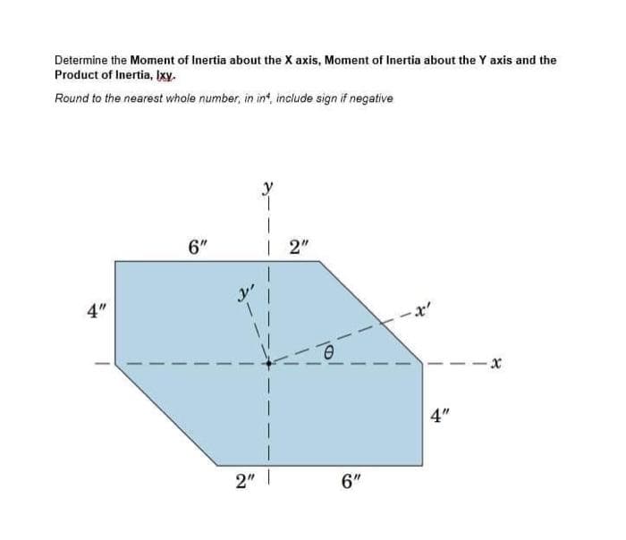 Determine the Moment of Inertia about the X axis, Moment of Inertia about the Y axis and the
Product of Inertia, Ixy.
Round to the nearest whole number, in int, include sign if negative
4"
6"
y
T
1
| 2"
2" |
e
6"
4"
x