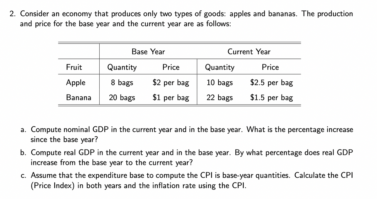 2. Consider an economy that produces only two types of goods: apples and bananas. The production
and price for the base year and the current year are as follows:
Fruit
Apple
Banana
Base Year
Quantity
8 bags
20 bags
Price
$2 per bag
$1 per bag
Current Year
Quantity
10 bags
22 bags
Price
$2.5 per bag
$1.5 per bag
a. Compute nominal GDP in the current year and in the base year. What is the percentage increase
since the base year?
b. Compute real GDP in the current year and in the base year. By what percentage does real GDP
increase from the base year to the current year?
c. Assume that the expenditure base to compute the CPI is base-year quantities. Calculate the CPI
(Price Index) in both years and the inflation rate using the CPI.