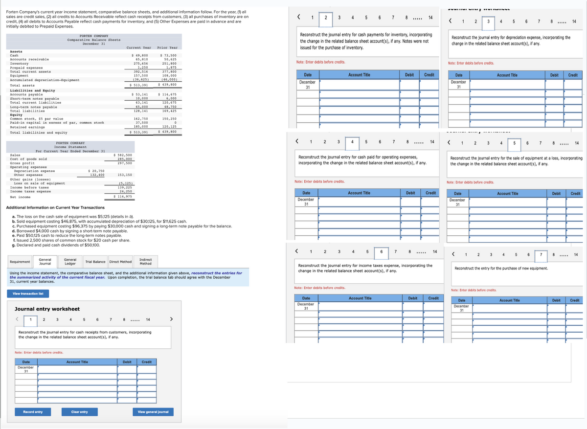 Forten Company's current year income statement, comparative balance sheets, and additional information follow. For the year, (1) all
sales are credit sales, (2) all credits to Accounts Receivable reflect cash receipts from customers, (3) all purchases of inventory are on
credit, (4) all debits to Accounts Payable reflect cash payments for inventory, and (5) Other Expenses are paid in advance and are
initially debited to Prepaid Expenses.
Assets
Cash
Accounts receivable
Inventory
Prepaid expenses
Total current assets
Equipment
Accumulated depreciation-Equipment
Total assets
Liabilities and Equity
Accounts payable
Short-term notes payable
Total current liabilities
Long-term notes payable.
Total liabilities
Equity
Common stock, $5 par value
Paid-in capital in excess of par, common stock
Retained earnings
Total liabilities and equity
Sales
Cost of goods sold
Gross profit
Operating expenses
Depreciation expense
Other expenses
Other gains (losses).
Loss on sale of equipment
Income before taxes
Income taxes expense
Net income
Requirement
FORTEN COMPANY
Income Statement
For Current Year Ended December 31
General
Journal
View transaction list
1
FORTEN COMPANY
Comparative Balance Sheets
December 31
Journal entry worksheet
Date
Decembe
3
Note: Enter debits before credits.
General
Ledger
Record entry
4
$ 20,750
132,400
Additional Information on Current Year Transactions
a. The loss on the cash sale f equipment was $5,125 (details in b).
b. Sold equipment costing $46,875, with accumulated depreciation of $30,125, for $11,625 cash.
c. Purchased equipment costing $96,375 by paying $30,000 cash and signing a long-term note payable for the balance.
d. Borrowed $4,000 cash by signing a short-term note payable.
e. Paid $50,125 cash to reduce the long-term notes payable.
f. Issued 2,500 shares of common stock for $20 cash per share.
g. Declared and paid cash dividends of $50,100.
5
Account Title
Clear entry
Current Year
6
7
$ 49,800
65,810
275,656
1,250
392,516
157,500
(36,625)
$ 513,391
Trial Balance Direct Method
Using the income statement, the comparative balance sheet, and the additional information given above, reconstruct the entries for
the summarized activity of the current fiscal year. Upon completion, the trial balance tab should agree with the December
31, current year balances.
$ 582,500
285,000
297,500
$ 53,141
10,000
162,750
37,500
185,000
$513,391
153,150
8
(5,125)
139,225
24,250
$ 114,975
63,141
65,000
128,141
Reconstruct the journal entry for cash receipts from customers, incorporating
the change in the related balance sheet account(s), if any.
Debit
Indirect
Method
14
Prior Year
$ 73,500
50,625
251,800
Credit
1,875
377,800
108,000
(46,000)
$ 439,800
$ 114,675
6,000
120,675
48,750
169,425
150,250
120,125
$439,800
View general Journal
>
<
1 2
<
Note: Enter debits before credits.
Date
December
31
1
<
Reconstruct the journal entry for cash payments for inventory, incorporating
the change in the related balance sheet account(s), if any. Notes were not
issued for the purchase of inventory.
Date
December
31
3
2
Note: Enter debits before credits.
1
3
2
Date
December
31
4
3
Note: Enter debits before credits.
5 6 7 8 ...
Account Title
4
Reconstruct the journal entry for cash paid for operating expenses,
incorporating the change in the related balance sheet account(s), if any.
5
4
Account Title
5
6
Account Title
7
6
Debit
7
8
Debit
8
14
Credit
Debit
Reconstruct the journal entry for income taxes expense, incorporating the
change in the related balance sheet account(s), if any.
14
Credit
14
Credit
WWW.TIME VEM VI BLIV
< 1 2
Note: Enter debits before credits.
Date
December
31
<
1
Reconstruct the journal entry for depreciation expense, incorporating the
change in the related balance sheet account(s), if any.
Date
December
31
3 4
2
Note: Enter debits before credits.
< 1
2
Date
December
31
3
Account Title
5
4
Note: Enter debits before credits.
5
Account Title
4
Reconstruct the journal entry for the sale of equipment at a loss, incorporating
the change in the related balance sheet account(s), if any.
6
5
6
Account Title
7
6
7
Reconstruct the entry for the purchase of new equipment.
8 *****
7
Debit Credit
8
Debit
14
8
Debit
14
Credit
14
Credit