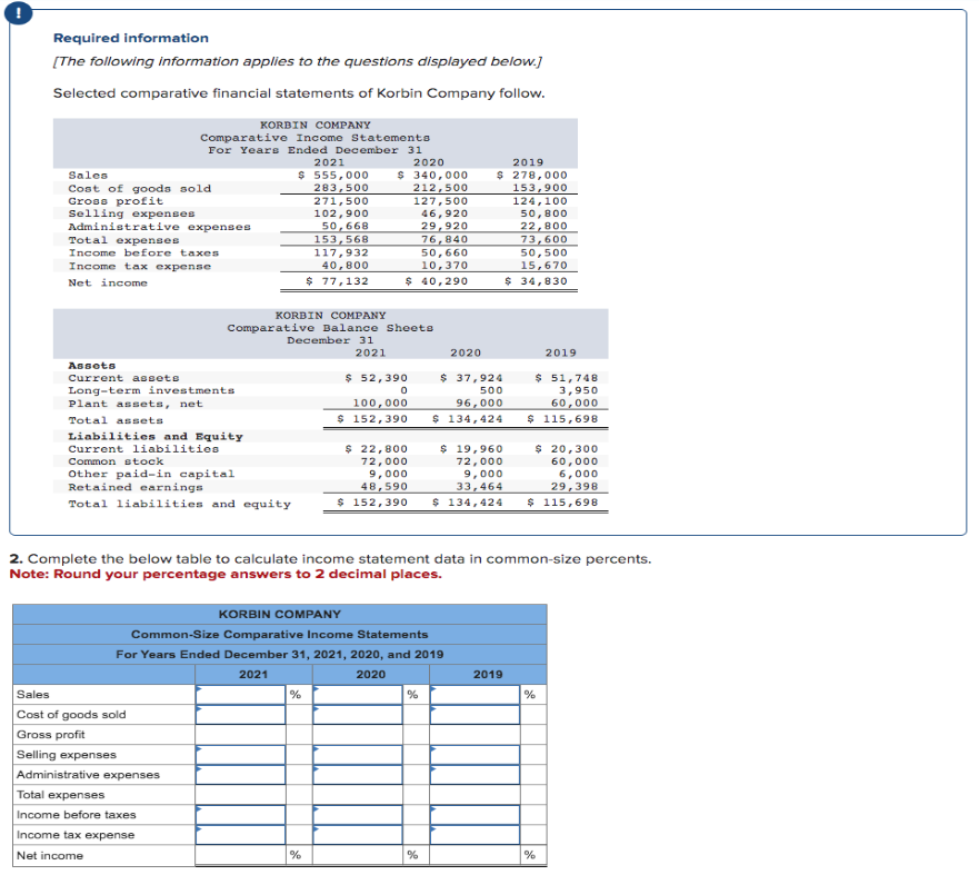 Required information
[The following information applies to the questions displayed below.]
Selected comparative financial statements of Korbin Company follow.
Sales
Cost of goods sold
Gross profit
Selling expenses
Administrative expenses
Total expenses
Income before taxes
Income tax expense
Net income
Assets
Current assets
Comparative Income Statements
For Years Ended December 31
KORBIN COMPANY
Long-term investments
Plant assets, net
Total assets
Sales
Cost of goods sold
Gross profit
Selling expenses
Administrative expenses
Total expenses
Income before taxes
Income tax expense
Net income
2021
$ 555,000
283,500
271,500
Liabilities and Equity
Current liabilities
Common stock
Other paid-in capital
Retained earnings
Total liabilities and equity
KORBIN COMPANY
Comparative Balance Sheets
December 31
102,900
50,668
153,568
117,932
40,800
$77,132
%
2020
$ 340,000
212,500
127,500
46,920
29,920
2021
%
76,840
50,660
10,370
$ 40,290
$ 52,390
100,000
$ 152,390
0
$ 22,800
72,000
9,000
48,590
KORBIN COMPANY
Common-Size Comparative Income Statements
For Years Ended December 31, 2021, 2020, and 2019
2021
2020
$ 19,960
72,000
9,000
33,464
$152,390 $ 134,424
2020
%
2019
$ 278,000
153,900
124,100
50,800
$ 37,924
500
96,000
$ 134,424
%
2. Complete the below table to calculate income statement data in common-size percents.
Note: Round your percentage answers to 2 decimal places.
22,800
73,600
2019
50,500
15,670
$ 34,830
$ 51,748
3,950
60,000
$ 115,698
2019
$ 20,300
60,000
6,000
29,398
$ 115,698
%
%