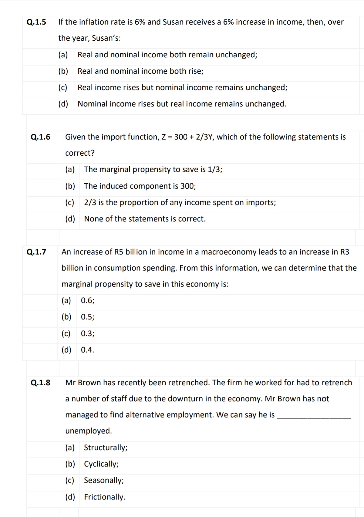 Q.1.5
If the inflation rate is 6% and Susan receives a 6% increase in income, then, over
the
year,
Susan's:
(a)
Real and nominal income both remain unchanged;
(b) Real and nominal income both rise;
(c)
Real income rises but nominal income remains unchanged3;
(d)
Nominal income rises but real income remains unchanged.
Q.1.6
Given the import function, Z = 300 + 2/3Y, which of the following statements is
correct?
(a) The marginal propensity to save is 1/3;
(b) The induced component is 300;
(c) 2/3 is the proportion of any income spent on imports;
(d) None of the statements is correct.
Q.1.7
An increase of R5 billion in income in a macroeconomy leads to an increase in R3
billion in consumption spending. From this information, we can determine that the
marginal propensity to save in this economy is:
(a) 0.6;
(b) 0.5;
(c) 0.3;
(d) 0.4.
Q.1.8
Mr Brown has recently been retrenched. The firm he worked for had to retrench
a number of staff due to the downturn in the economy. Mr Brown has not
managed to find alternative employment. We can say he is
unemployed.
(a) Structurally;
(b) Cyclically;
(c) Seasonally;
(d) Frictionally.
