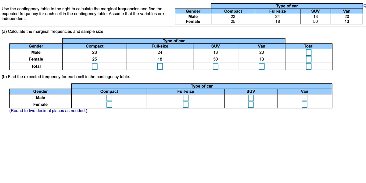 Туре of car
Use the contingency table to the right to calculate the marginal frequencies and find the
expected frequency for each cell in the contingency table. Assume that the variables are
independent.
Gender
Compact
Full-size
SUV
Van
Male
23
24
13
20
Female
25
18
50
13
(a) Calculate the marginal frequencies and sample size.
Туре of car
Gender
Compact
Full-size
SUV
Van
Total
Male
23
24
13
20
Female
25
18
50
13
Total
(b) Find the expected frequency for each cell in the contingency table.
Туре of car
Gender
Compact
Full-size
SUV
Van
Male
Female
(Round to two decimal places as needed.)
