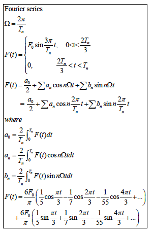 ### Fourier Series

The Fourier Series is a way to represent a function as the sum of simple sine waves. It decomposes periodic functions into sums of simpler, sinusoidal components.

#### Formula Breakdown

1. **Angular Frequency:** 
   \[
   \Omega = \frac{2\pi}{T_n}
   \]

2. **Piecewise Function Definition:**
   \[
   F(t) = 
   \begin{cases} 
   F_0 \sin \frac{3\pi}{T_n} t, & 0 < t < \frac{2\pi}{3} \\
   0, & \frac{2\pi}{3} < t < T_n 
   \end{cases}
   \]

3. **Fourier Series Representation:**
   \[
   F(t) = \frac{a_0}{2} + \sum a_n \cos n\Omega t + \sum b_n \sin n\Omega t
   \]
   Or, equivalently:
   \[
   F(t) = \frac{a_0}{2} + \sum a_n \cos \frac{2\pi n}{T_n} t + \sum b_n \sin \frac{2\pi n}{T_n} t 
   \]

4. **Coefficient Definitions:**
   - \(a_0\)
     \[
     a_0 = \frac{2}{T_n} \int_0^{T_n} F(t) dt
     \]
   - \(a_n\)
     \[
     a_n = \frac{2}{T_n} \int_0^{T_n} F(t) \cos n \Omega t dt
     \]
   - \(b_n\)
     \[
     b_n = \frac{2}{T_n} \int_0^{T_n} F(t) \sin n \Omega t dt
     \]

5. **Example Expansion:**
   \[
   F(t) = \frac{6F_0}{\pi} \left( \frac{1}{5} \cos \frac{\pi t}{T_n} - \frac{1}{7} \cos \frac{3 \pi t}{T_n} + \frac{2}{35} \cos \frac{5 \pi t}{T_n} - \frac