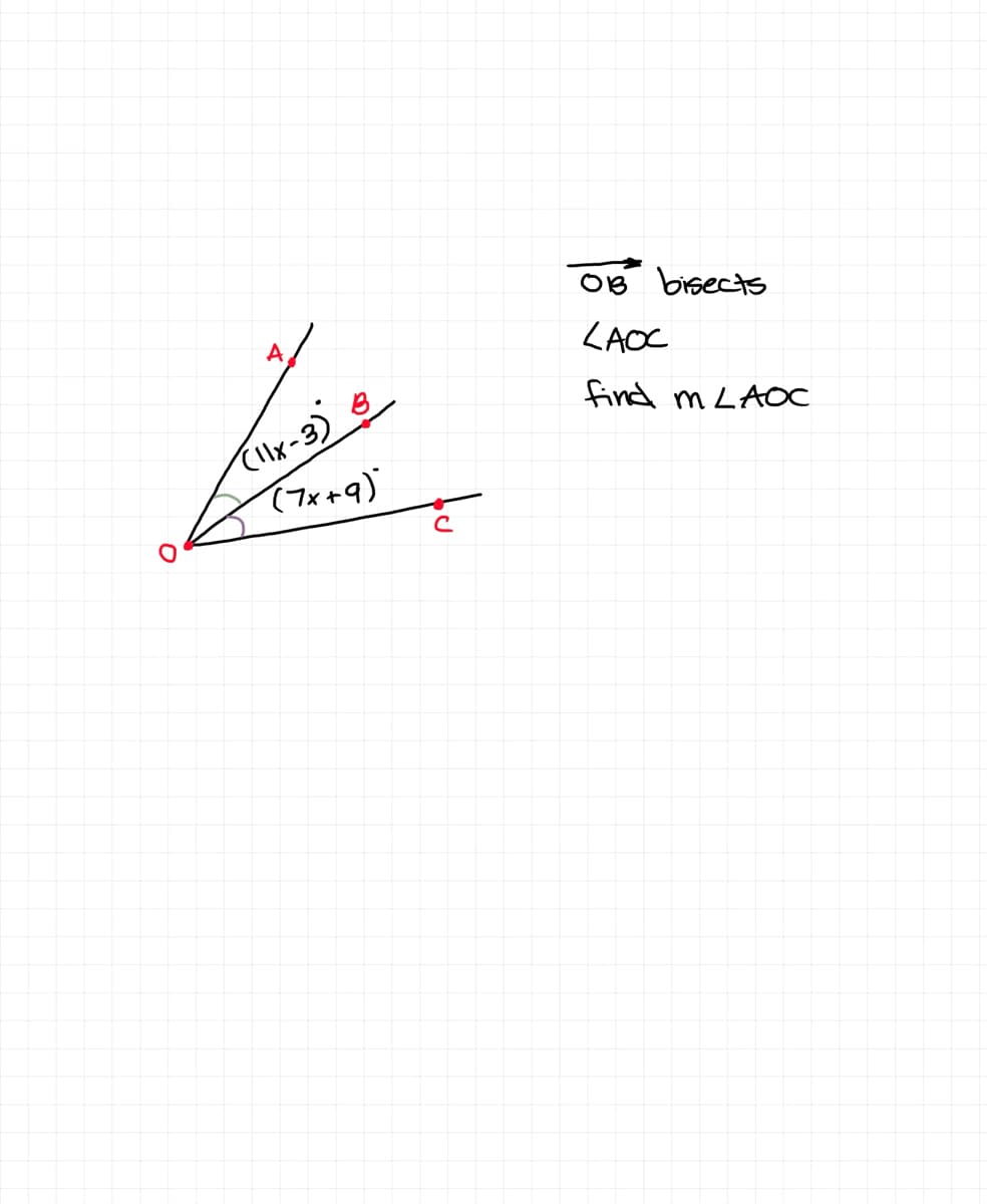 ### Geometry Problem Involving Angle Bisectors

In this geometry problem, we are given a diagram with three points: \( A \), \( B \), \( C \), and \( O \). The ray \( \overrightarrow{OB} \) bisects \( \angle AOC \). The measures of \( \angle AOB \) and \( \angle BOC \) are given as \( (11x - 3)^\circ \) and \( (7x + 9)^\circ \) respectively. Our goal is to find the measure of \( \angle AOC \).

### Diagram Explanation:
- Point \( O \) is the vertex of the angles.
- Ray \( \overrightarrow{OA} \), \( \overrightarrow{OB} \), and \( \overrightarrow{OC} \) are drawn from point \( O \).
- Point \( A \) lies on ray \( \overrightarrow{OA} \).
- Point \( B \) lies on ray \( \overrightarrow{OB} \).
- Point \( C \) lies on ray \( \overrightarrow{OC} \).
- The measure \( \angle AOB = (11x - 3)^\circ \).
- The measure \( \angle BOC = (7x + 9)^\circ \).

### Given Information:
- Ray \( \overrightarrow{OB} \) bisects \( \angle AOC \).
- \( \angle AOB = (11x - 3)^\circ \)
- \( \angle BOC = (7x + 9)^\circ \)

### Objective:
To find the measure of \( \angle AOC \).

### Solution:
1. Because ray \( \overrightarrow{OB} \) bisects \( \angle AOC \), we know that:
   \[
   \angle AOB = \angle BOC 
   \]
   
   Therefore,
   \[
   11x - 3 = 7x + 9
   \]

2. Solve for \( x \):
   \[
   11x - 7x = 9 + 3
   \]
   \[
   4x = 12
   \]
   \[
   x = 3
   \]

3. Now substitute \( x = 3 \) back into the expressions for the angles to find their measures:
   - \( \