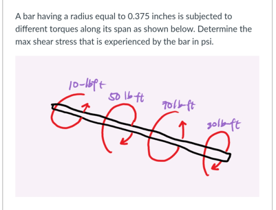 A bar having a radius equal to 0.375 inches is subjected to
different torques along its span as shown below. Determine the
max shear stress that is experienced by the bar in psi.
50 1b ft
70lb ft
golbft
