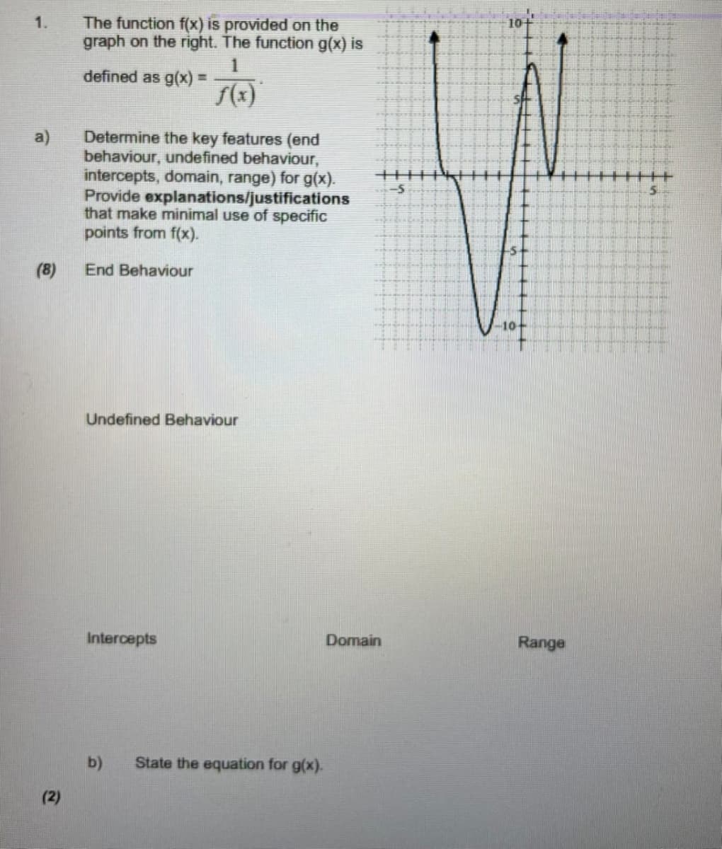 1.
a)
(8)
(2)
The function f(x) is provided on the
graph on the right. The function g(x) is
1
defined as g(x) =
f(x)
Determine the key features (end
behaviour, undefined behaviour,
intercepts, domain, range) for g(x).
Provide explanations/justifications
that make minimal use of specific
points from f(x).
End Behaviour
Undefined Behaviour
Intercepts
b) State the equation for g(x).
Domain
-5
10
Range
5