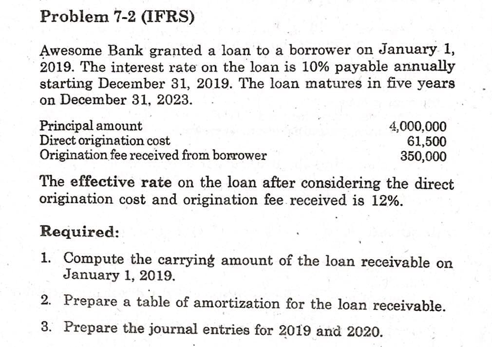 Problem 7-2 (IFRS)
Awesome Bank granted a loan to a borrower on January 1,
2019. The interest rate on the loan is 10% payable annually
starting December 31, 2019. The loan matures in five years
on December 31, 2023.
Principal amount
Direct origination cost
Origination fee received from borrower
4,000,000
61,500
350,000
The effective rate on the loan after considering the direct
origination cost and origination fee received is 12%.
Required:
1. Compute the carrying amount of the loan receivable on
January 1, 2019.
2. Prepare a table of amortization for the loan receivable.
3. Prepare the journal entries for 2019 and 2020.
