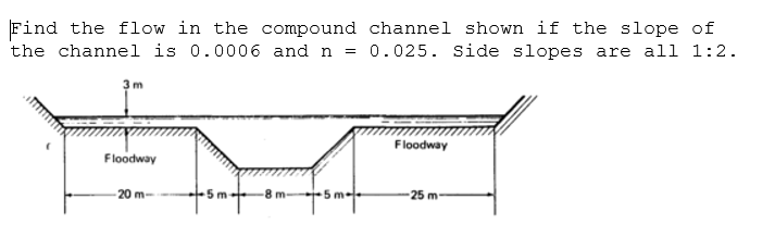 Find the flow in the compound channel shown if the slope of
the channel is 0.0006 and n = 0.025. Side slopes are all 1:2.
Floodway
Floodway
-20 m-
m
-25 m