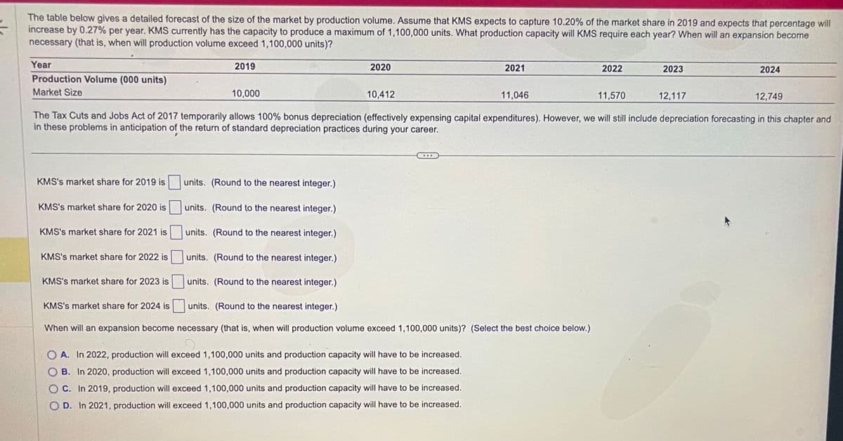 MEINE ON
The table below gives a detailed forecast of the size of the market by production volume. Assume that KMS expects to capture 10.20% of the market share in 2019 and expects that percentage will
increase by 0.27% per year. KMS currently has the capacity to produce a maximum of 1,100,000 units. What production capacity will KMS require each year? When will an expansion become
necessary (that is, when will production volume exceed 1,100,000 units)?
Year
Production Volume (000 units)
Market Size
KMS's market share for 2019 is
KMS's market share for 2021 is
KMS's market share for 2022 is
2019
KMS's market share for 2023 is
10,412
11,570
The Tax Cuts and Jobs Act of 2017 temporarily allows 100% bonus depreciation (effectively expensing capital expenditures). However, we will still include depreciation forecasting in this chapter and
in these problems in anticipation of the return of standard depreciation practices during your career.
KMS's market share for 2024 is
2020
10,000
units. (Round to the nearest integer.)
KMS's market share for 2020 is units. (Round to the nearest integer.)
units. (Round to the nearest integer.)
units. (Round to the nearest integer.)
units. (Round to the nearest integer.)
units. (Round to the nearest integer.)
When will an expansion become necessary (that is, when will production volume exceed 1,100,000 units)? (Select the best choice below.)
O
OA. In 2022, production will exceed 1,100,000 units and production capacity will have to be increased.
OB. In 2020, production will exceed 1,100,000 units and production capacity will have to be increased.
C. In 2019, production will exceed 1,100,000 units and production capacity will have to be increased.
OD. In 2021, production will exceed 1,100,000 units and production capacity will have to be increased.
2021
...
11,046
2022
2023
2024
12,117
12,749