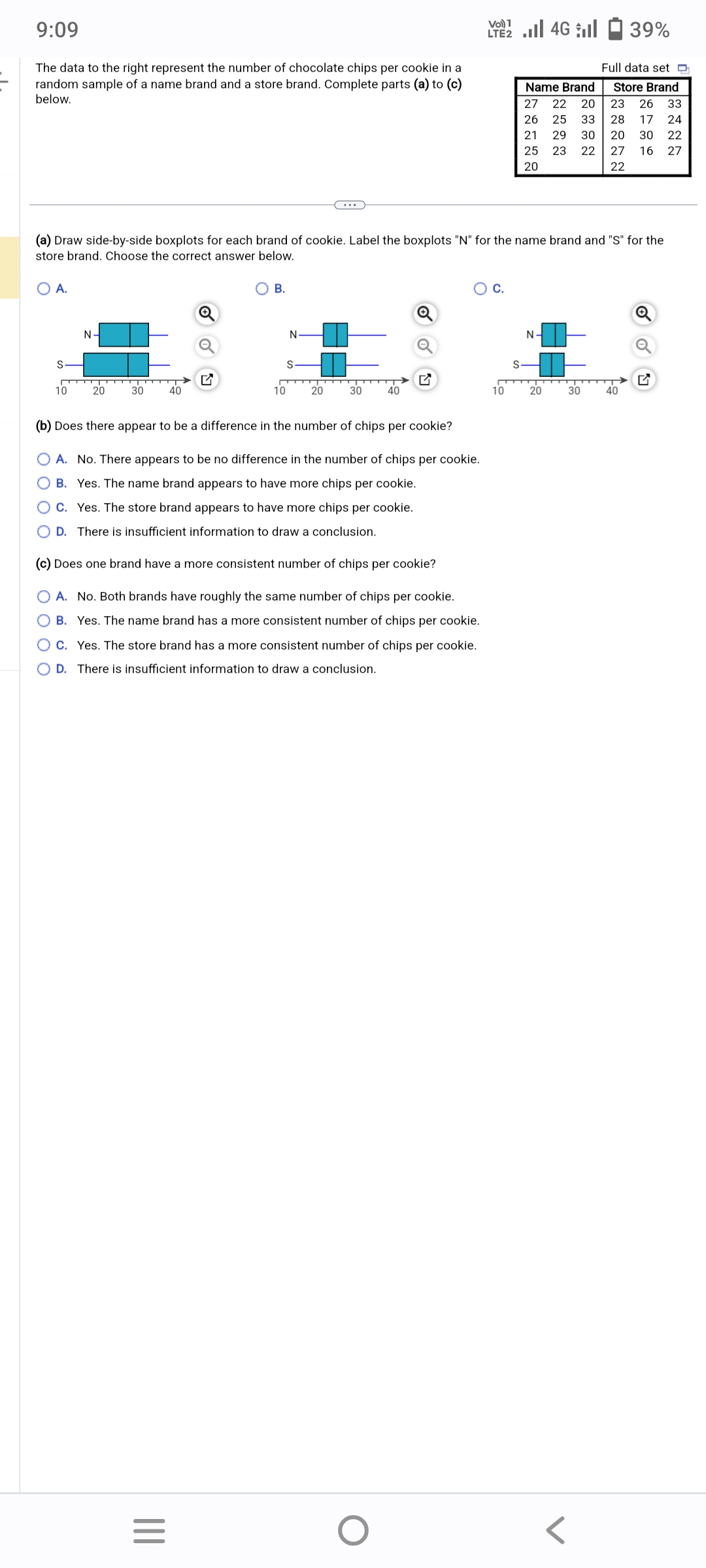9:09
The data to the right represent the number of chocolate chips per cookie in a
random sample of a name brand and a store brand. Complete parts (a) to (c)
below.
S
10
N-
20
30 40
B.
|||
10
=
N
S
20
30
(b) Does there appear to be a difference in the number of chips per cookie?
O A. No. There appears to be no difference in the number of chips per cookie.
OB. Yes. The name brand appears to have more chips per cookie.
OC. Yes. The store brand appears to have more chips per cookie.
D. There is insufficient information to draw a conclusion.
40
(c) Does one brand have a more consistent number of chips per cookie?
O A. No. Both brands have roughly the same number of chips per cookie.
OB. Yes. The name brand has a more consistent number of chips per cookie.
OC. Yes. The store brand has a more consistent number of chips per cookie.
OD. There is insufficient information to draw a conclusion.
(a) Draw side-by-side boxplots for each brand of cookie. Label the boxplots "N" for the name brand and "S" for the
store brand. Choose the correct answer below.
O A.
O
Vo) 1
LTE 4G 39%
O C.
10
278722
S
Name Brand
26 25
21 29
25 23
20
N-
22 20 23 26 33
20
33
30
Full data set
Store Brand
22
528272
30 20 30
17 24
3222
40
16 27