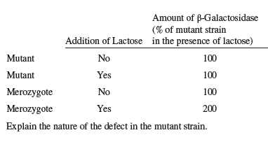Amount of B-Galactosidase
(% of mutant strain
Addition of Lactose in the presence of lactose)
Mutant
No
100
Mutant
Yes
100
Merozygote
No
100
Merozygote
Yes
200
Explain the nature of the defect in the mutant strain.
