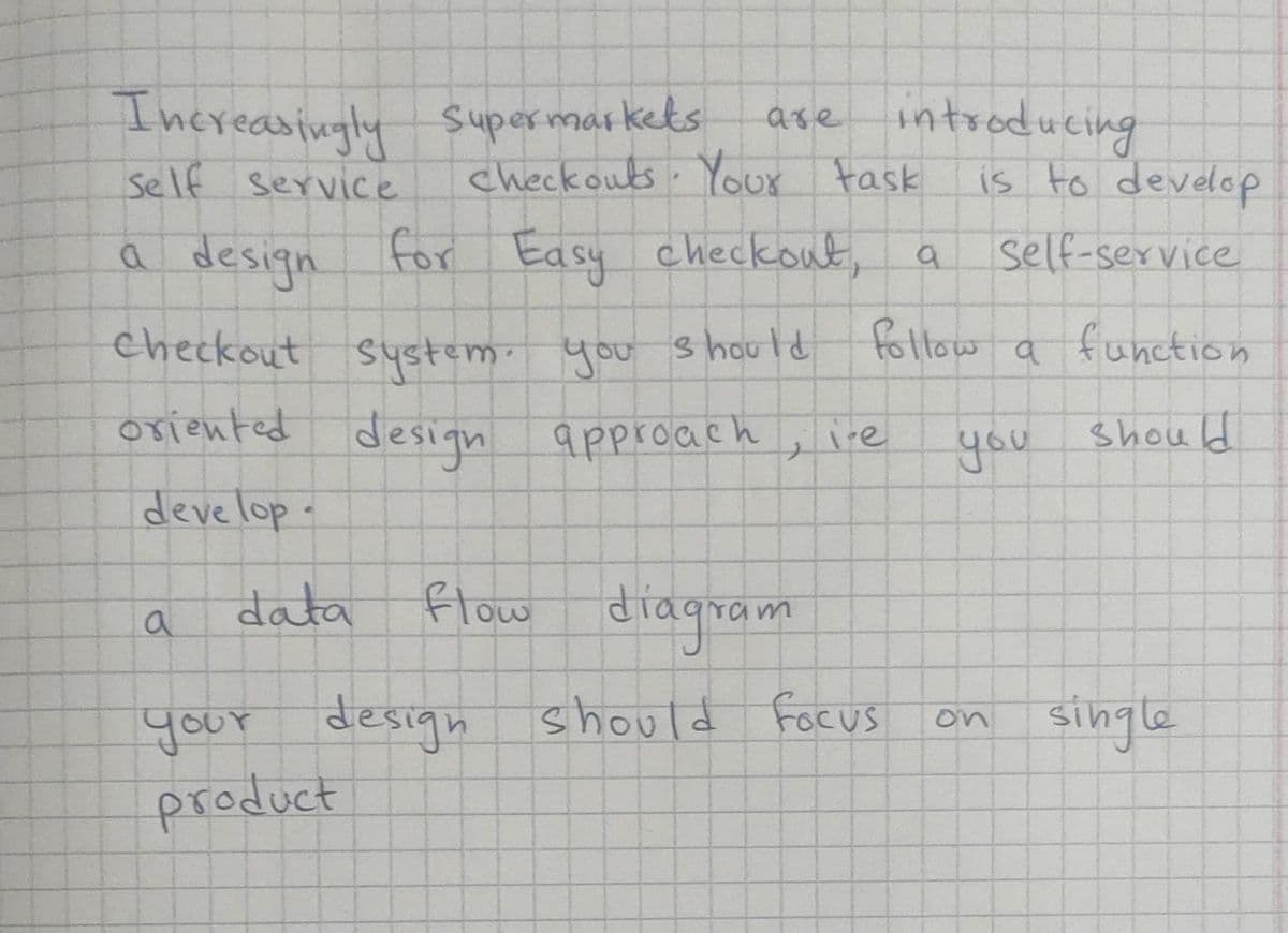 Increasingly supermarkets
Self Service
a design for Easy
for Easy checkout,
Checkout System. You should
oriented design approach
develop.
data
flow diagram
a
your design should focus
product
are introducing
checkouts. Your task
is to develop
a
Self-service
follow a function
Shoul
you
1
i-e
on
single