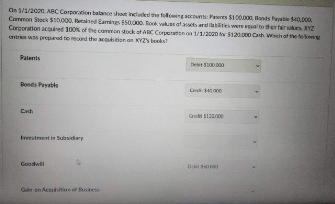 On 1/1/2020, ABC Corporation balance sheet included the following accounts: Patents $100,000, Bonds Payable $40,000.
Common Stock $10,000, Retained Earnings $50,000. Book values of assets and liabilities were equal to their fair values. XYZ
Corporation acquired 100% of the common stock of ABC Corporation on 1/1/2020 for $120.000 Cash. Which of the following
entries was prepared to record the acquisition on XYZ's books?
Patents
Bonds Payable
Cash
Investment in Subsidiary
Goodwill
Gain on Acquisition of Business
Debit $100,000
Credit $40,000
Credit $120,000
Debit $60.000