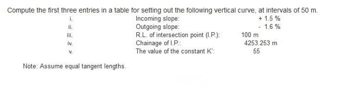 Compute the first three entries in a table for setting out the following vertical curve, at intervals of 50 m.
i.
Incoming slope:
+ 1.5%
- 1.6%
Outgoing slope:
100 m
R.L. of intersection point (1.P.):
Chainage of I.P.:
iv.
4253.253 m
55
V.
The value of the constant K':
Note: Assume equal tangent lengths.
ii.
iii.