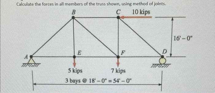 Calculate the forces in all members of the truss shown, using method of joints.
B
C
10 kips
E
F
5 kips
7 kips
3 bays@18'-0"=54'-0"
16' 0"