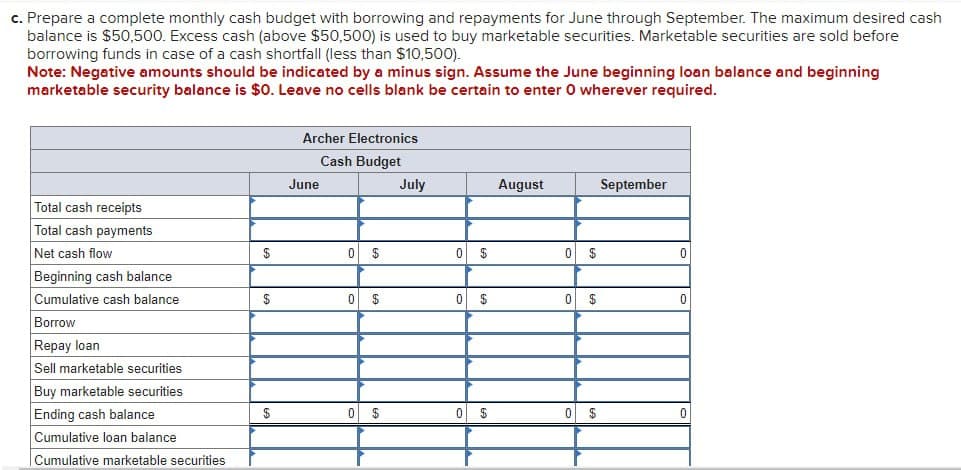 c. Prepare a complete monthly cash budget with borrowing and repayments for June through September. The maximum desired cash
balance is $50,500. Excess cash (above $50,500) is used to buy marketable securities. Marketable securities are sold before
borrowing funds in case of a cash shortfall (less than $10,500).
Note: Negative amounts should be indicated by a minus sign. Assume the June beginning loan balance and beginning
marketable security balance is $0. Leave no cells blank be certain to enter O wherever required.
Total cash receipts
Total cash payments
Net cash flow
Beginning cash balance
Cumulative cash balance
Borrow
Repay loan
Sell marketable securities
Buy marketable securities
Ending cash balance
Cumulative loan balance
Cumulative marketable securities
$
$
$
Archer Electronics
Cash Budget
June
0 $
0 $
0 $
July
0 $
0 $
0 $
August
0 $
0 $
0 $
September
0
0