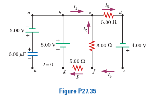 I3
b.
d.
a
5.00 Ω
3.00 V
+
+
8.00 V
3.00 N
4.00 V
+
6.00 µF
5.00 N
I = 0
Figure P27.35
