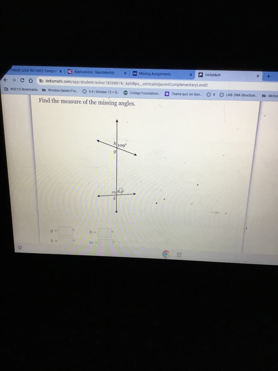 FRIDAY 2/24: REFUGEE Compre x NC Applications | Rapididentity
deltamath.com/app/student/solve/18268819/
WSFCS Bookmarks Bb Winston-Salem/For... 4.41 October 12+ 0....
Find the measure of the missing angles.
g=
k=
lo
0
h =
m =
X Sis Missing Assignments
kphillips_verticalAdjacent Complementary Level2
College Foundation....
Theme quiz on Goo.....
h109°
9
m/84
k
6
X
DeltaMath
8
X
LAB- DNA Structure...
+
Bb Motion